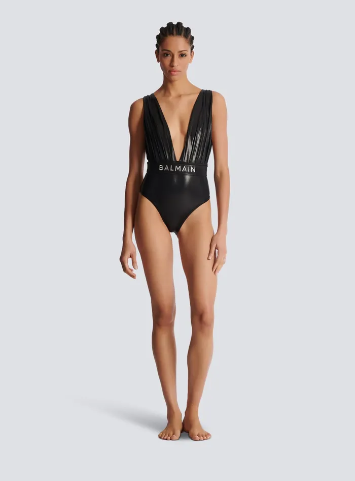 Balmain Draped Onepiece Swimsuit With Belt Black Women Swimwear