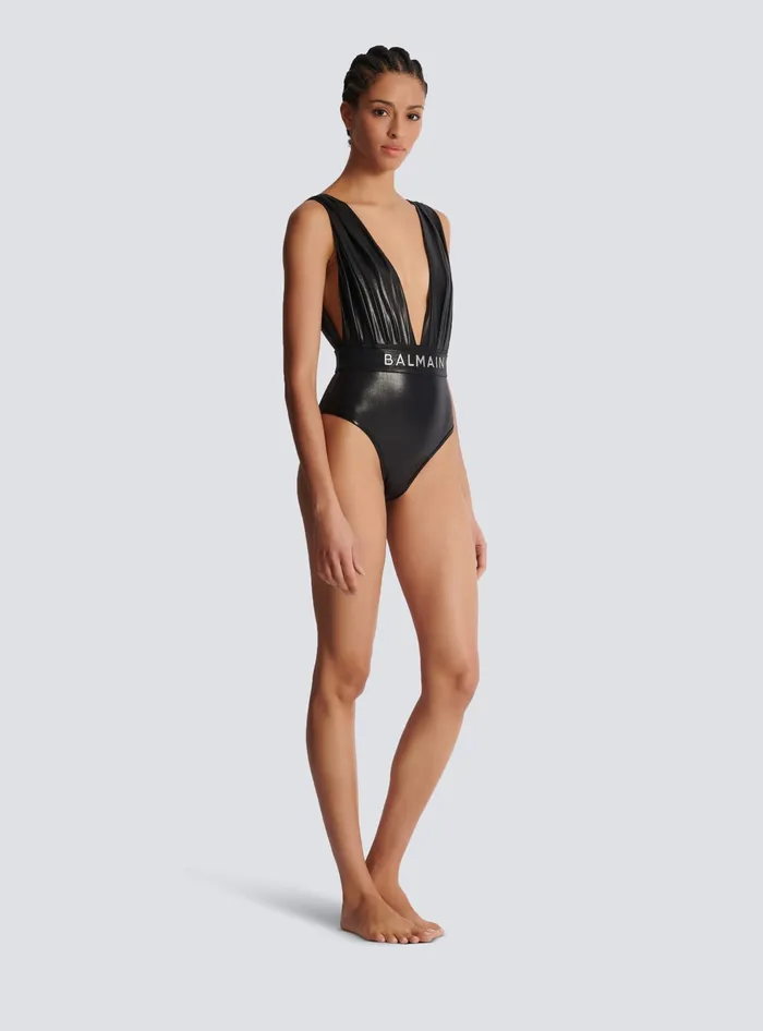 Balmain Draped Onepiece Swimsuit With Belt Black Women Swimwear