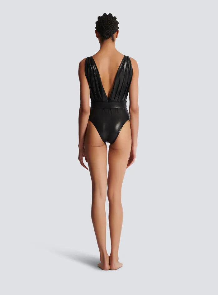 Balmain Draped Onepiece Swimsuit With Belt Black Women Swimwear