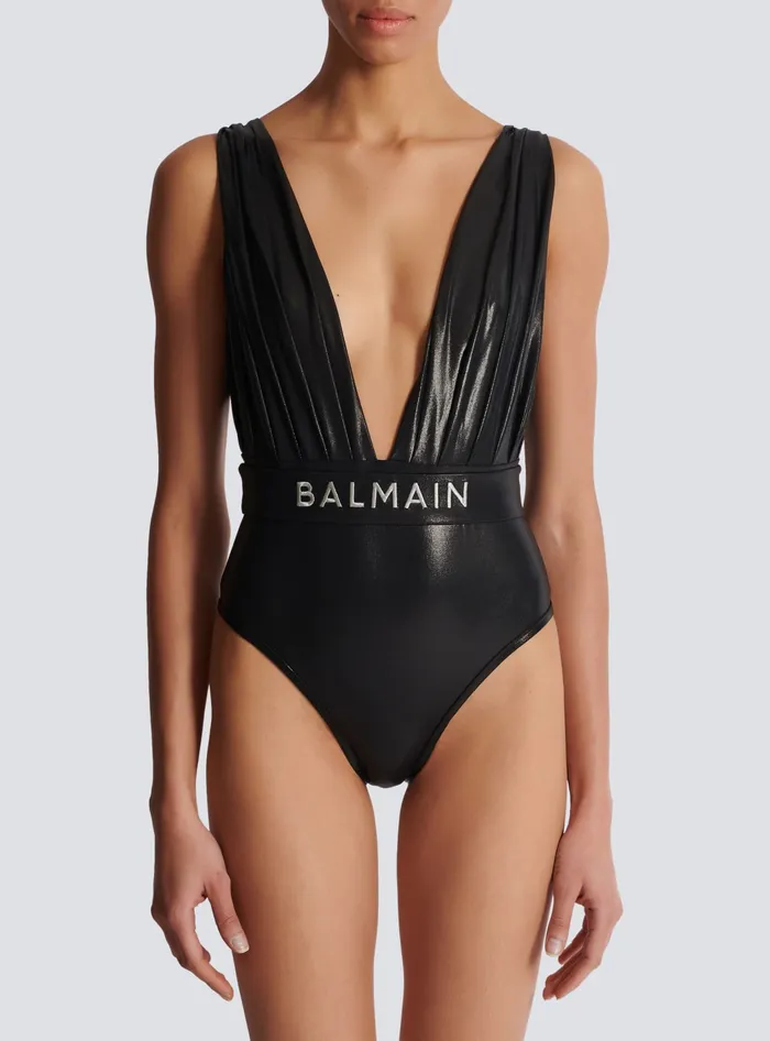 Balmain Draped Onepiece Swimsuit With Belt Black Women Swimwear