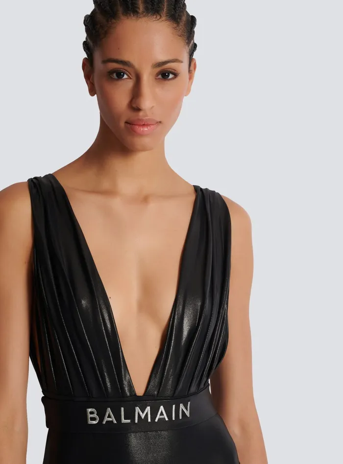 Balmain Draped Onepiece Swimsuit With Belt Black Women Swimwear