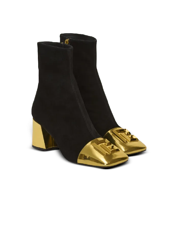 Balmain Edna Ankle Boots In Suede And Mirrored Leather Black Women Boots