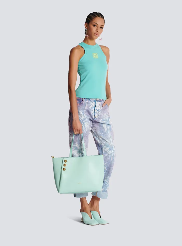 Balmain Emblegraveme Grained Calfskin Tote Bag Blue Women Tote Bags
