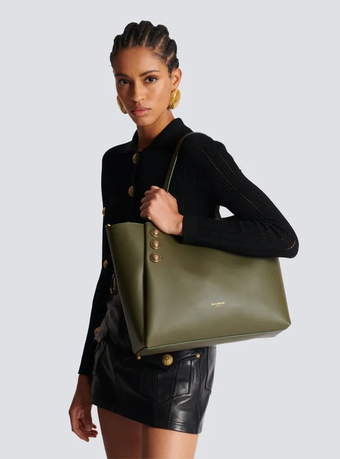Balmain Emblegraveme Leather Tote Bag Khaki Women Shoulder Bags