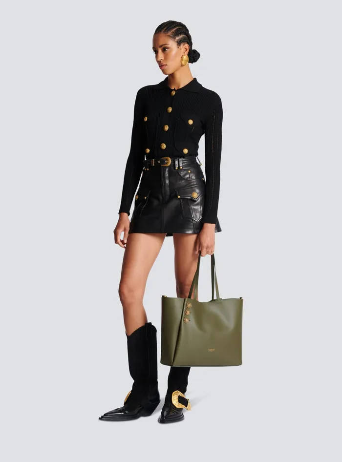 Balmain Emblegraveme Leather Tote Bag Khaki Women Shoulder Bags
