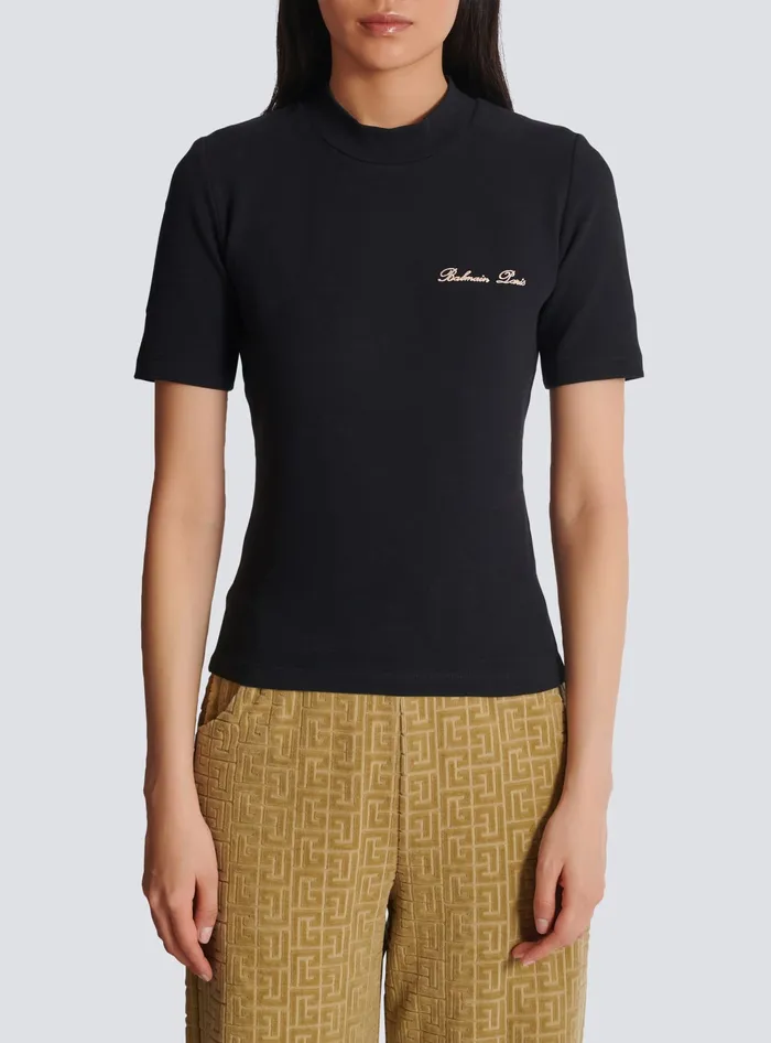 Balmain Embroidered Signature Tshirt Black Women TShirts