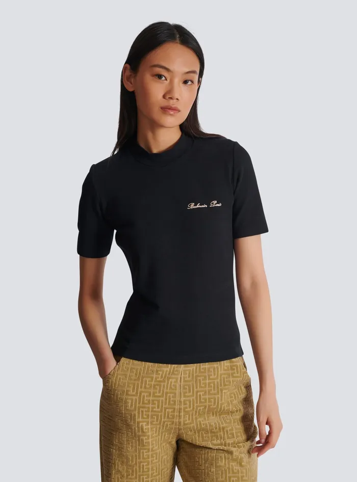 Balmain Embroidered Signature Tshirt Black Women TShirts