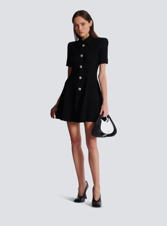 Balmain Flared Knit Dress With Buttons Black Women Dresses