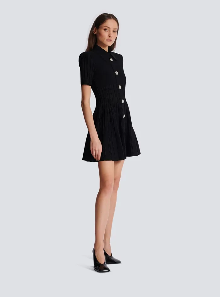 Balmain Flared Knit Dress With Buttons Black Women Dresses