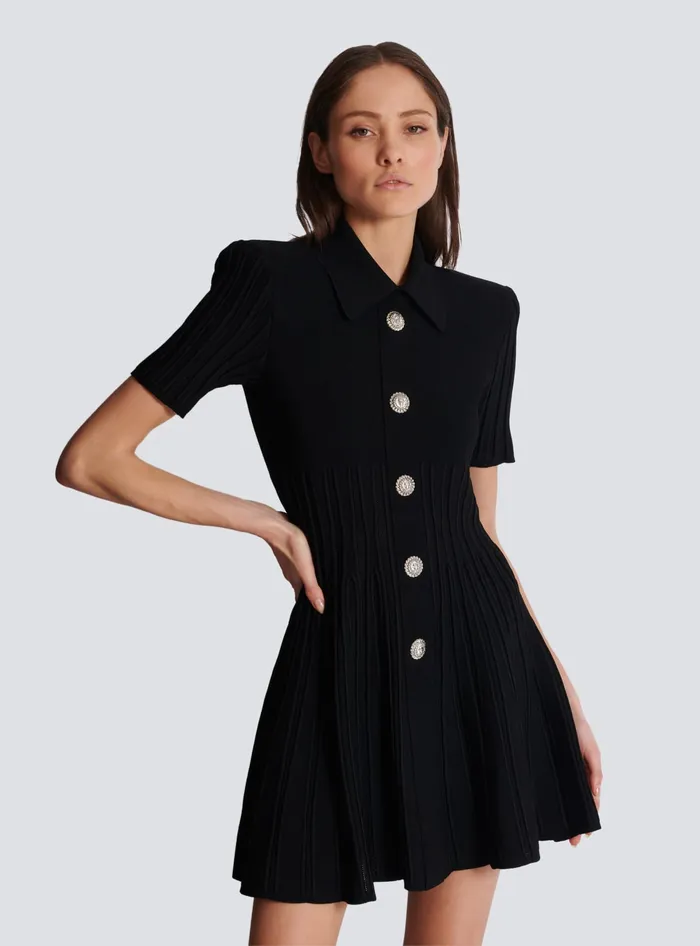 Balmain Flared Knit Dress With Buttons Black Women Dresses