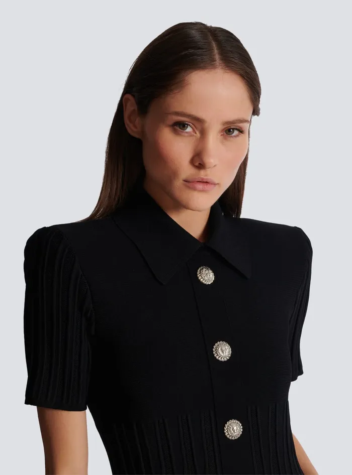Balmain Flared Knit Dress With Buttons Black Women Dresses