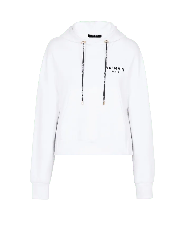 Balmain Flocked Paris Hoodie White Women Sweatshirts