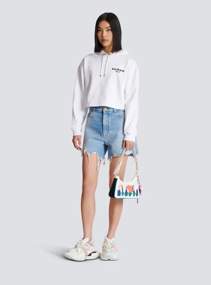 Balmain Flocked Paris Hoodie White Women Sweatshirts