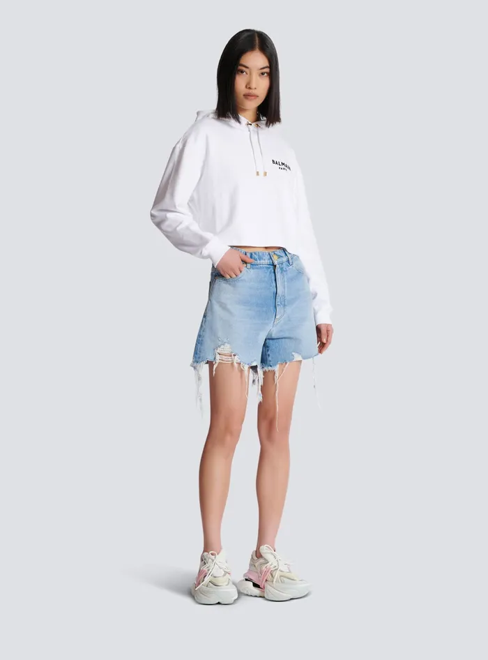 Balmain Flocked Paris Hoodie White Women Sweatshirts