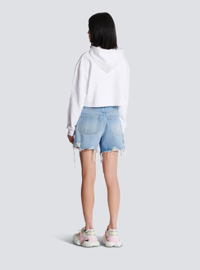 Balmain Flocked Paris Hoodie White Women Sweatshirts