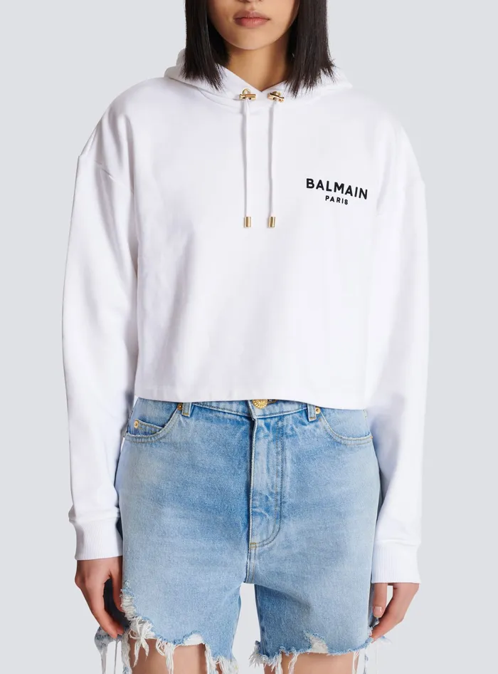 Balmain Flocked Paris Hoodie White Women Sweatshirts