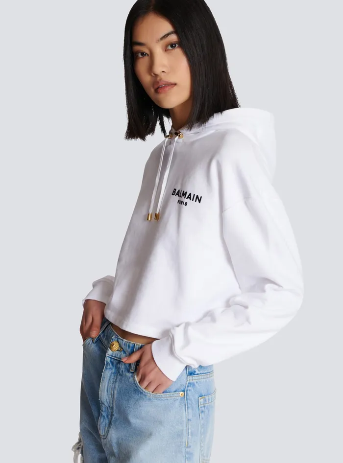 Balmain Flocked Paris Hoodie White Women Sweatshirts