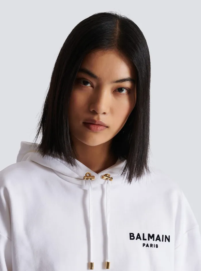 Balmain Flocked Paris Hoodie White Women Sweatshirts