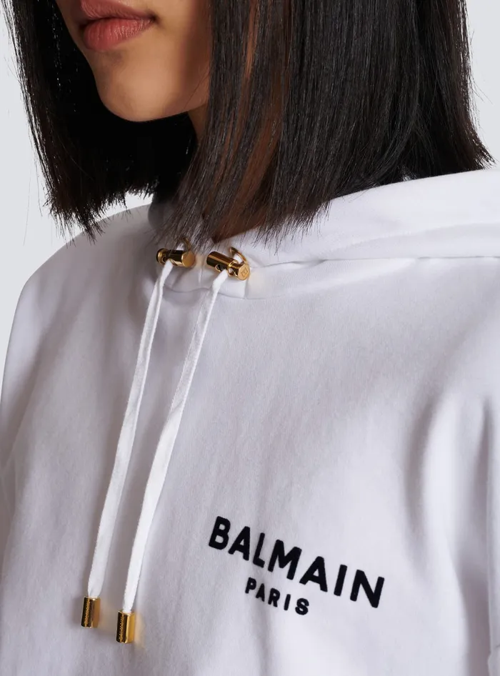Balmain Flocked Paris Hoodie White Women Sweatshirts