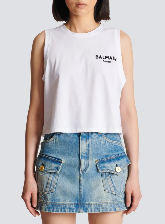 Balmain Flocked Tank Top White Women TShirts