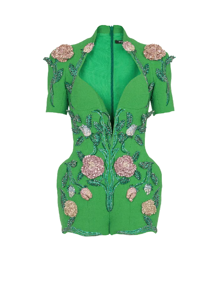 Balmain Flowerembroidered Playsuit Green Women Trousers And Shorts