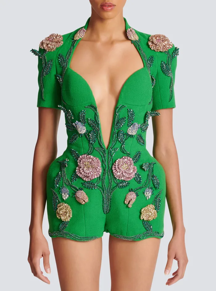 Balmain Flowerembroidered Playsuit Green Women Trousers And Shorts