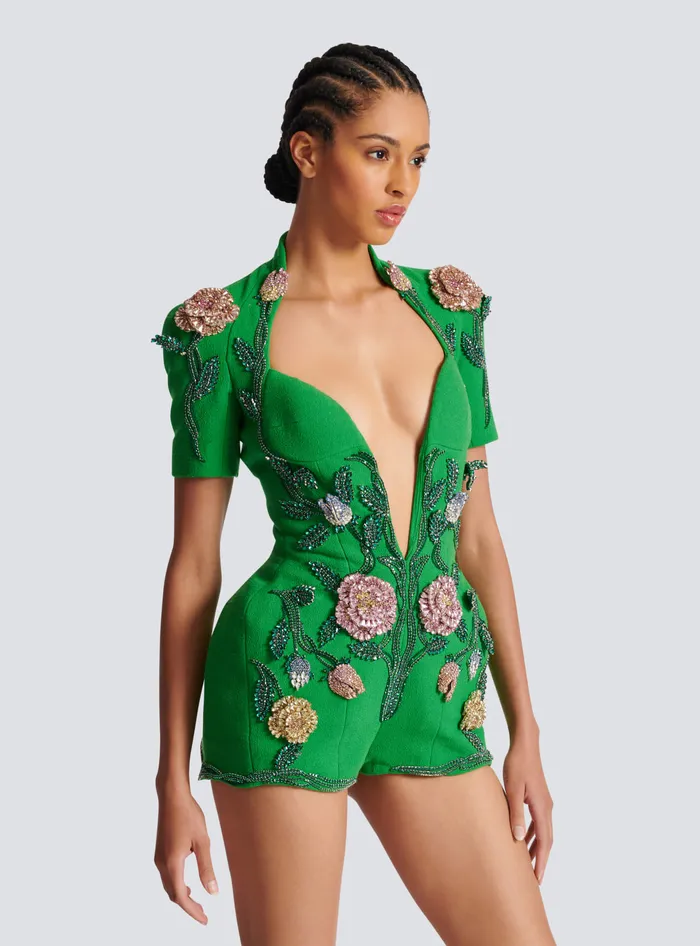 Balmain Flowerembroidered Playsuit Green Women Trousers And Shorts