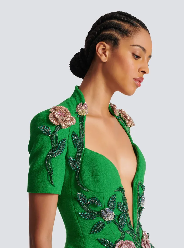 Balmain Flowerembroidered Playsuit Green Women Trousers And Shorts