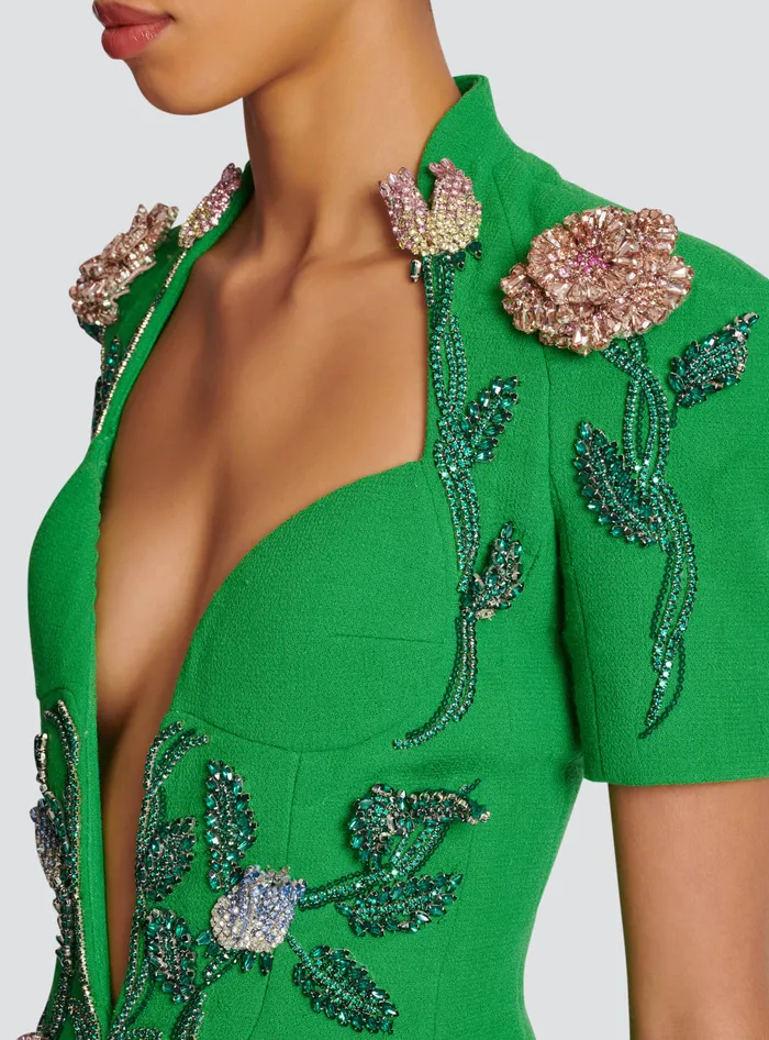 Balmain Flowerembroidered Playsuit Green Women Trousers And Shorts
