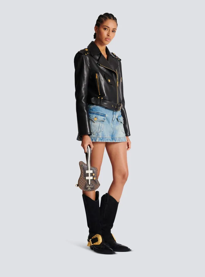 Balmain Guitar Bag Clutch With Leather And Monogram Detailing Brown Women Handbags