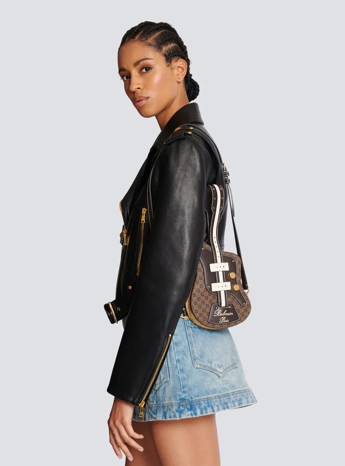 Balmain Guitar Bag Clutch With Leather And Monogram Detailing Brown Women Handbags