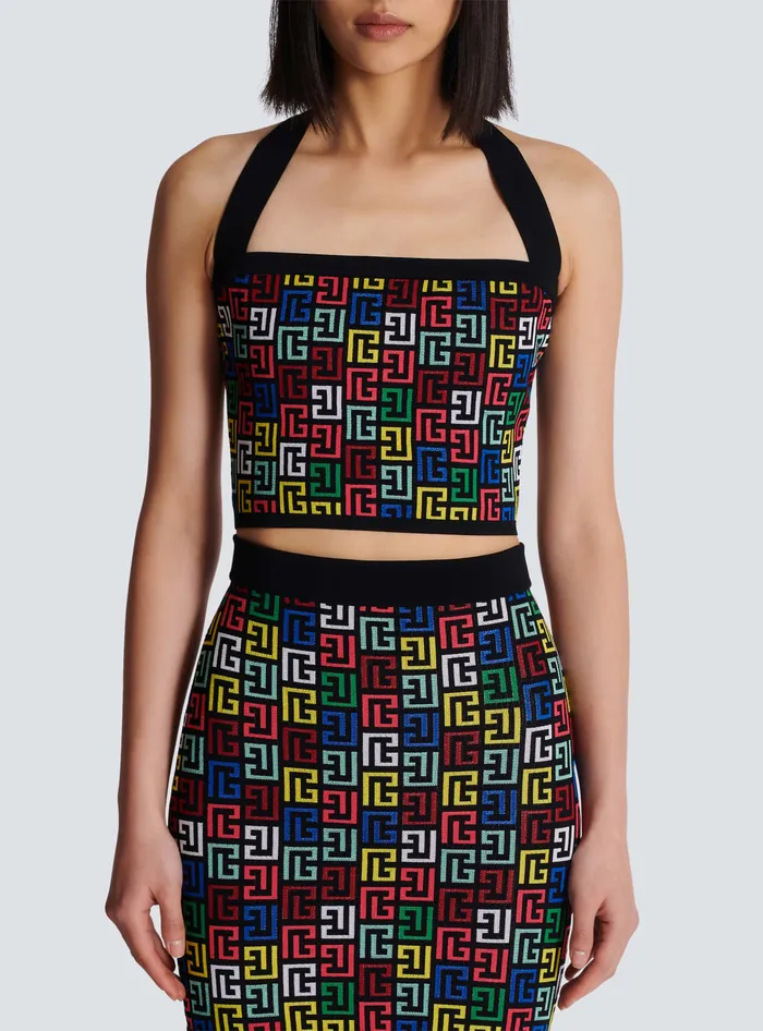Balmain Halterneck Top In Pop Monogram Knit Multicolor Women Tops And Shirts