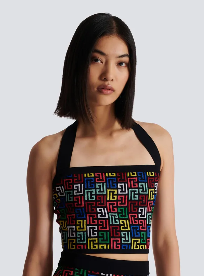 Balmain Halterneck Top In Pop Monogram Knit Multicolor Women Tops And Shirts
