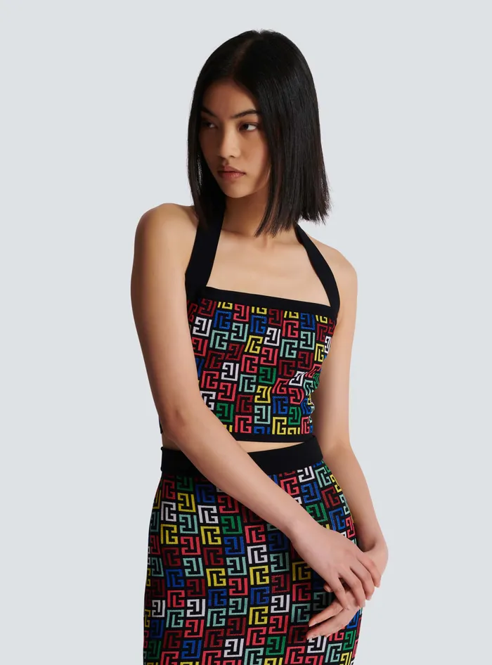 Balmain Halterneck Top In Pop Monogram Knit Multicolor Women Tops And Shirts