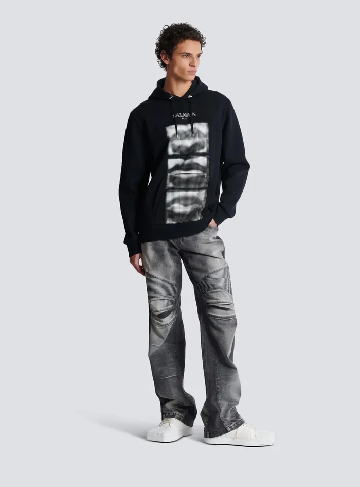 Balmain Hoodie With Vintage Lips Print Black Men Sweatshirts