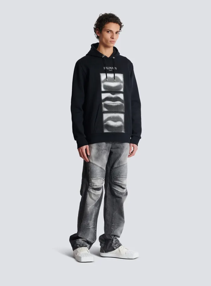 Balmain Hoodie With Vintage Lips Print Black Men Sweatshirts