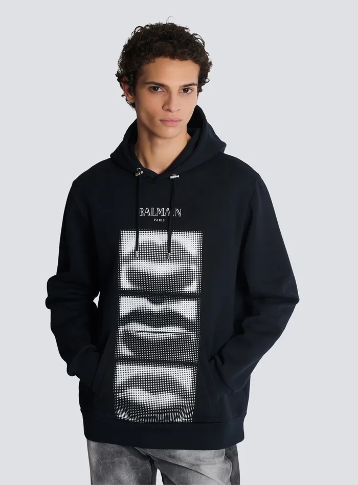 Balmain Hoodie With Vintage Lips Print Black Men Sweatshirts