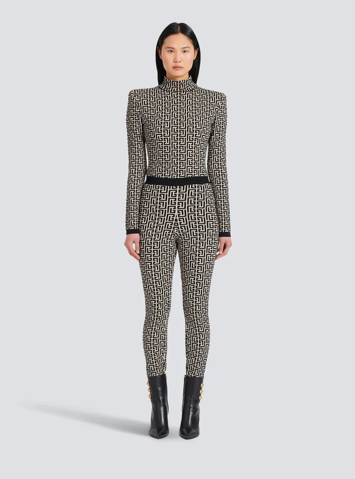 Balmain Knit Leggings With Monogram Black Women Trousers And Shorts