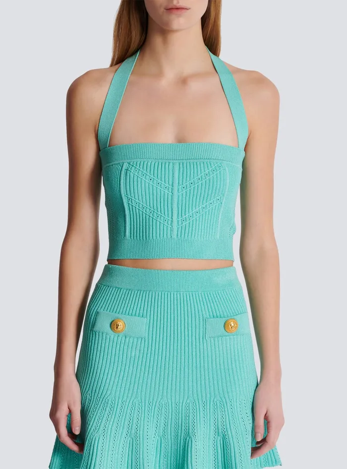 Balmain Knitted Halterneck Top Blue Women Tops And Shirts