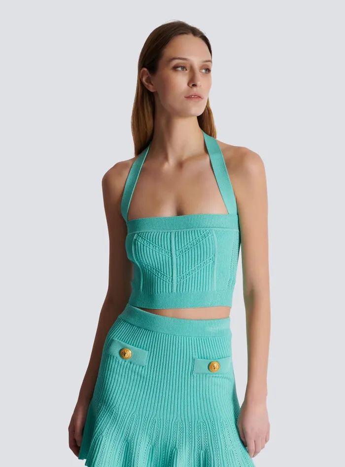Balmain Knitted Halterneck Top Blue Women Tops And Shirts