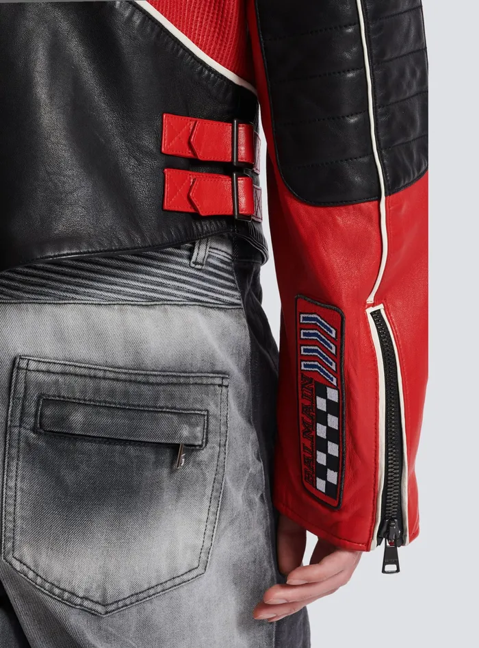 Balmain Lambskin Jacket With Racing Patches Red Men Outerwear