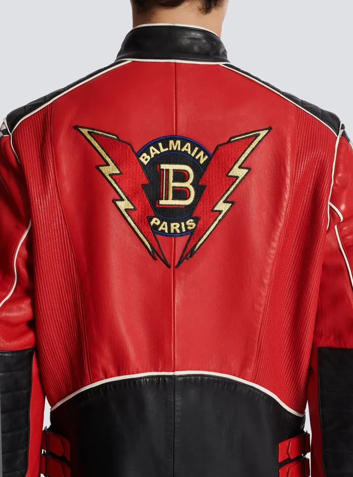Balmain Lambskin Jacket With Racing Patches Red Men Outerwear