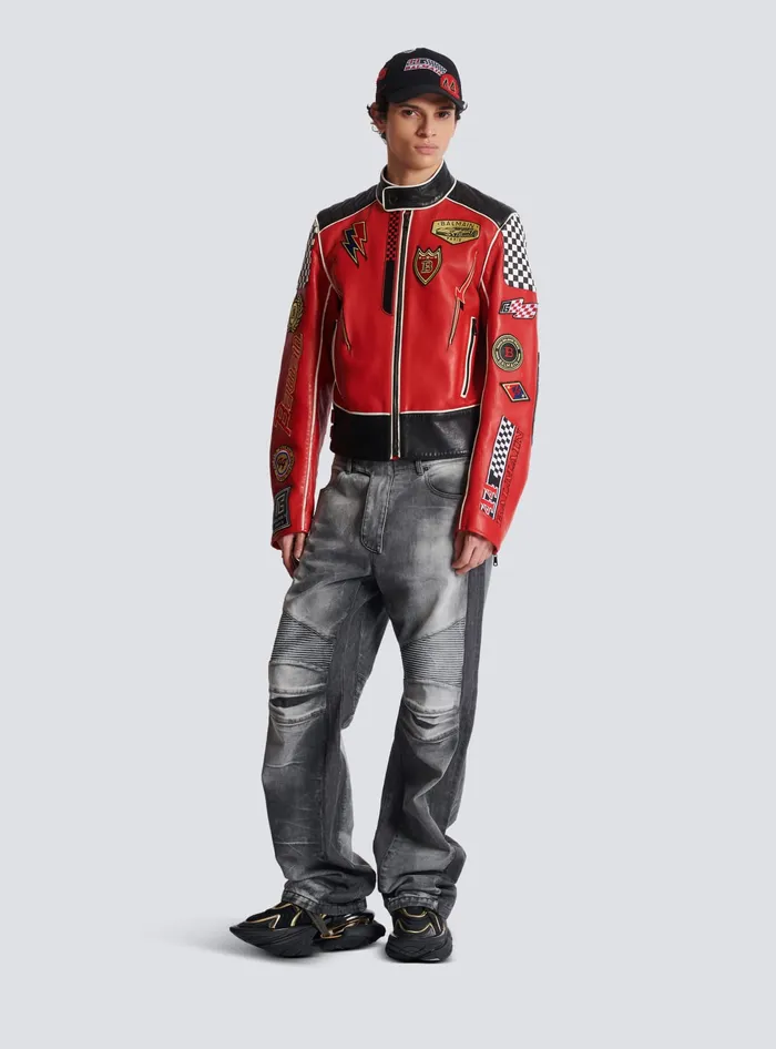 Balmain Lambskin Jacket With Racing Patches Red Men Outerwear