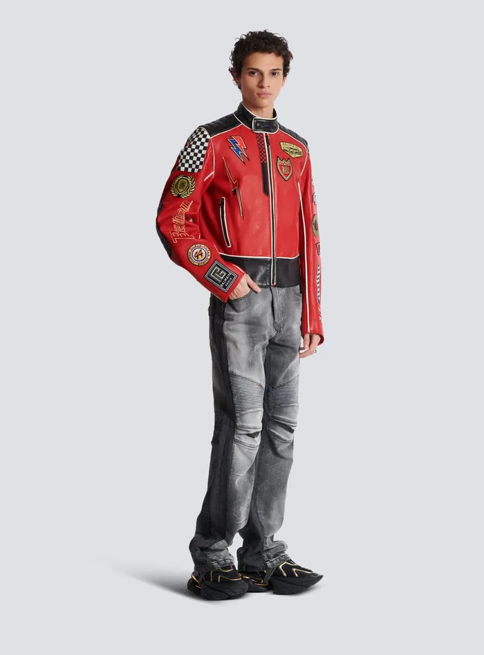Balmain Lambskin Jacket With Racing Patches Red Men Outerwear