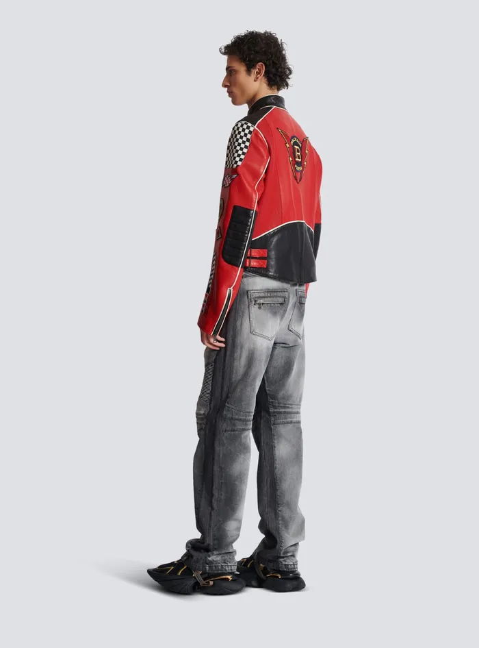Balmain Lambskin Jacket With Racing Patches Red Men Outerwear