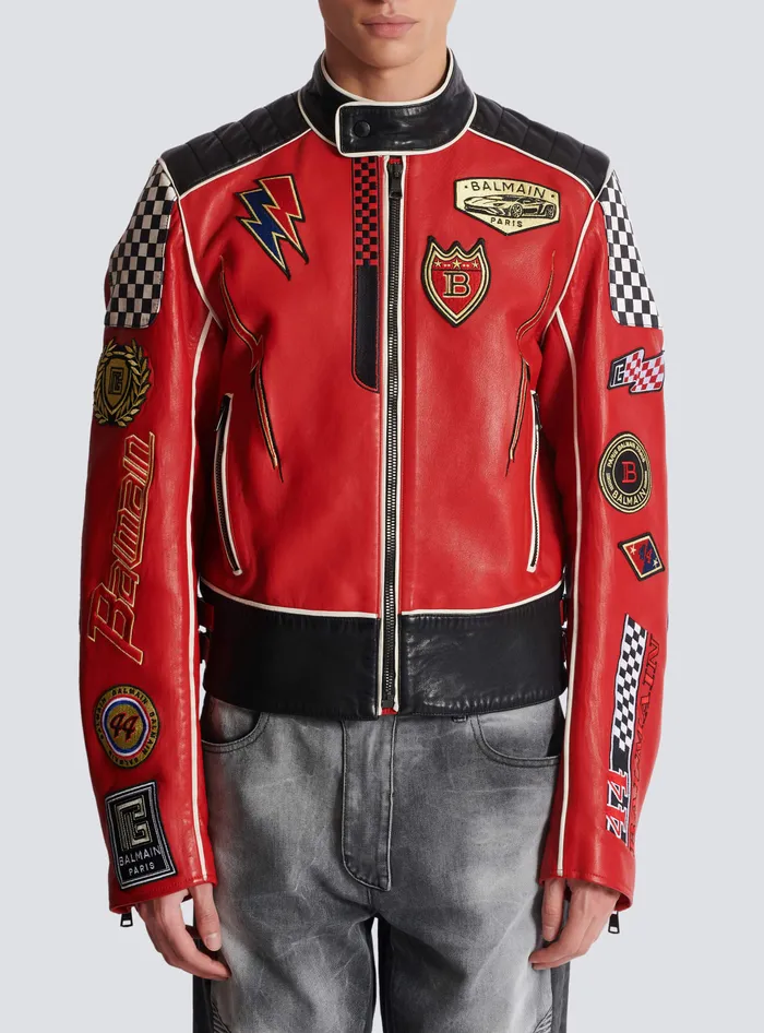 Balmain Lambskin Jacket With Racing Patches Red Men Outerwear