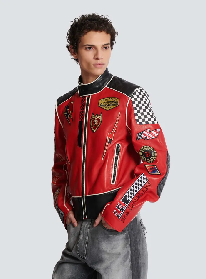 Balmain Lambskin Jacket With Racing Patches Red Men Outerwear