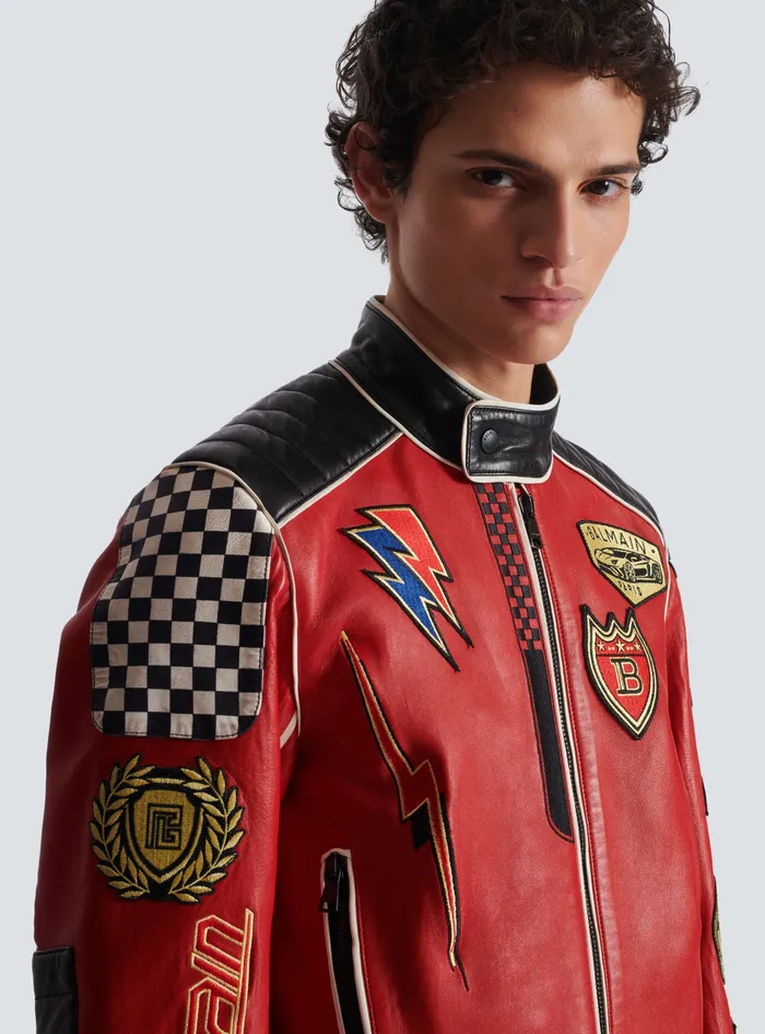 Balmain Lambskin Jacket With Racing Patches Red Men Outerwear