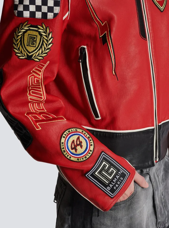 Balmain Lambskin Jacket With Racing Patches Red Men Outerwear