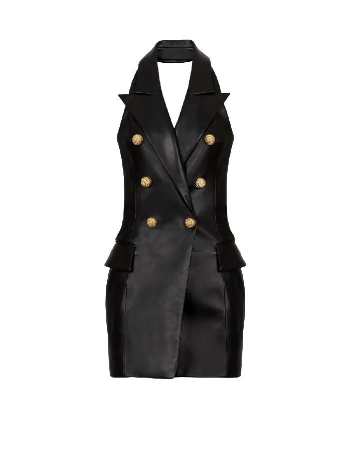 Balmain Lambskin Leather Halterneck Dress Black Women Dresses